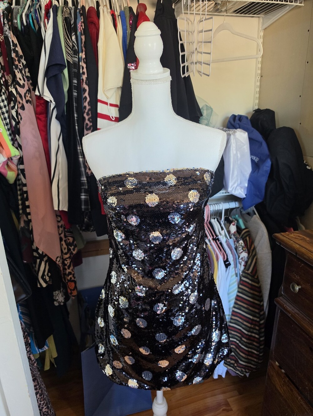 Lelis Sequin Polka Dot Strapless Mini Dress - Black & White
